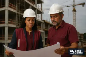 Engenheira civil e mestre de obras analisam projeto em canteiro de obras em Manaus