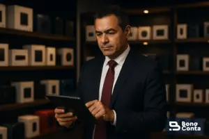 Empresário de distribuidora de eletroeletrônicos em Manaus analisa dados em um tablet