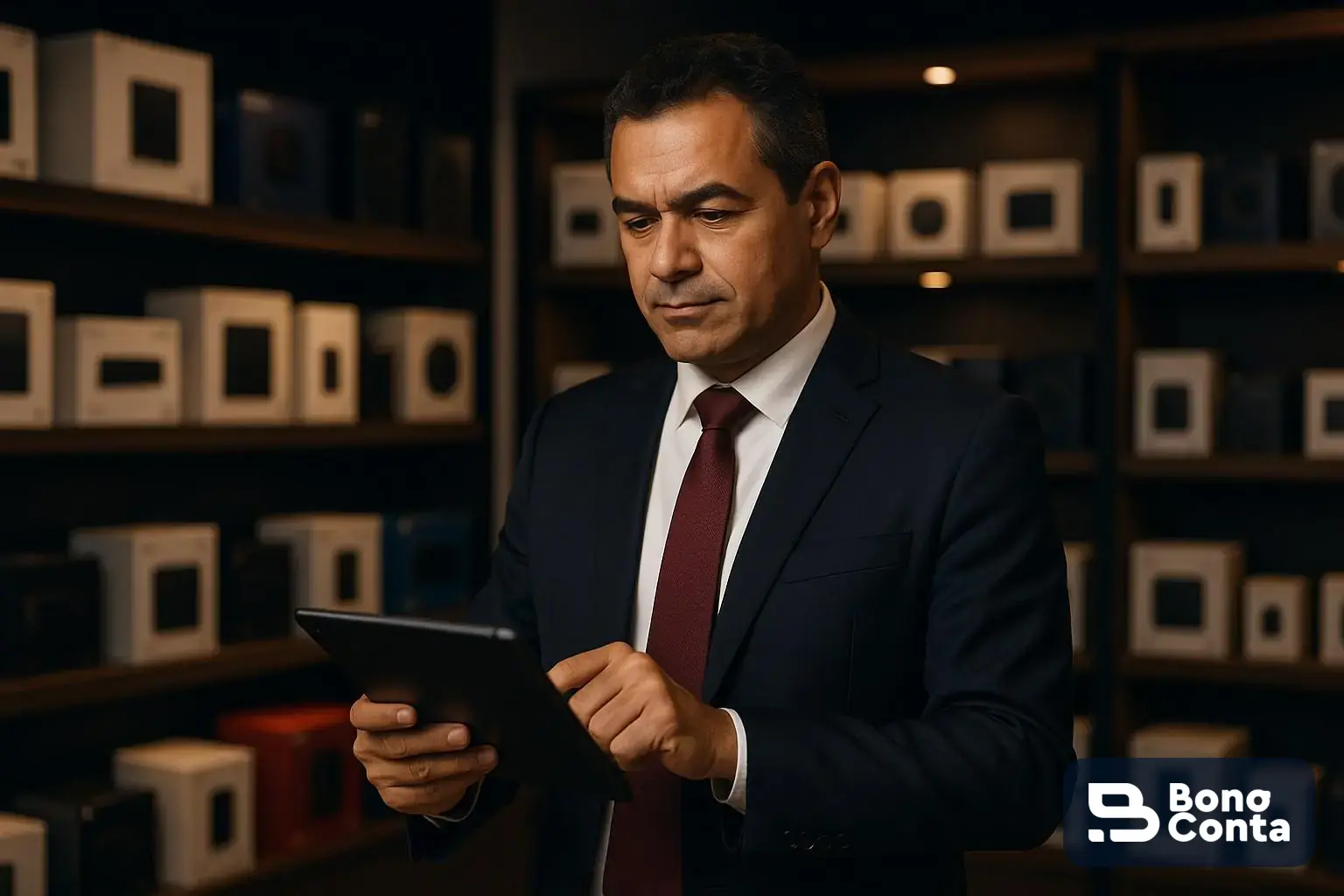 Empresário de distribuidora de eletroeletrônicos em Manaus analisa dados em um tablet