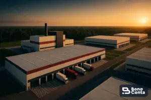 Polo industrial de Manaus ao entardecer, com galpões e caminhões de carga junto à floresta amazônica