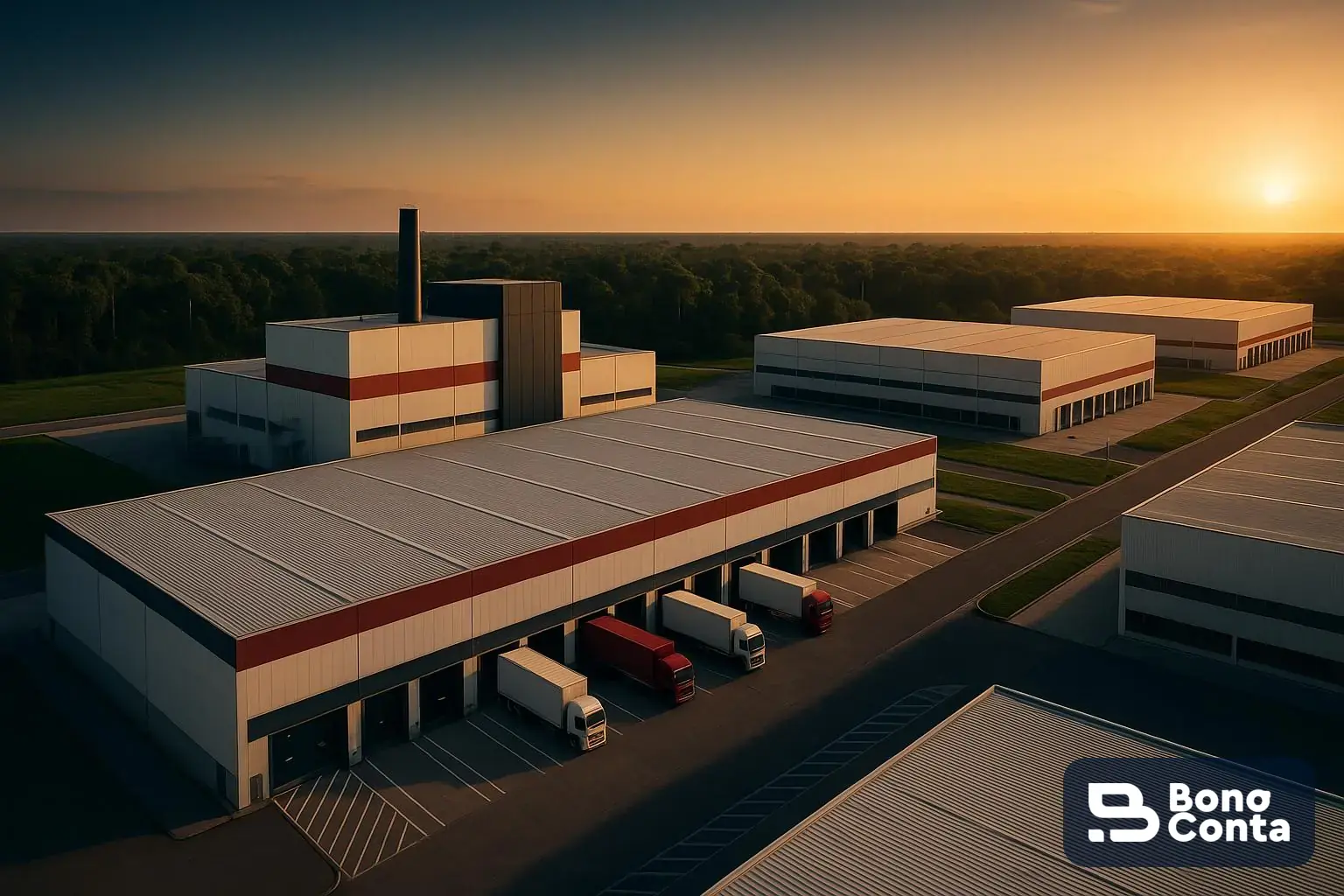 Polo industrial de Manaus ao entardecer, com galpões e caminhões de carga junto à floresta amazônica