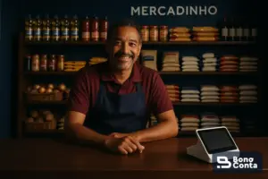 Pequeno varejista de mercado de bairro com tecnologia acessível no balcão — Bono Conta