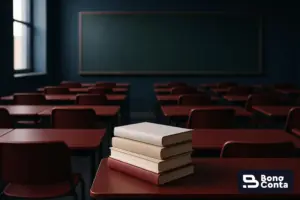 Sala de aula moderna com livros e lousa — o setor educacional e a Reforma Tributária — Bono Conta