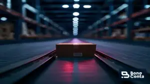 Pacote iluminado numa esteira de triagem em armazém: a classificação fiscal define o caminho do produto — Bono Conta