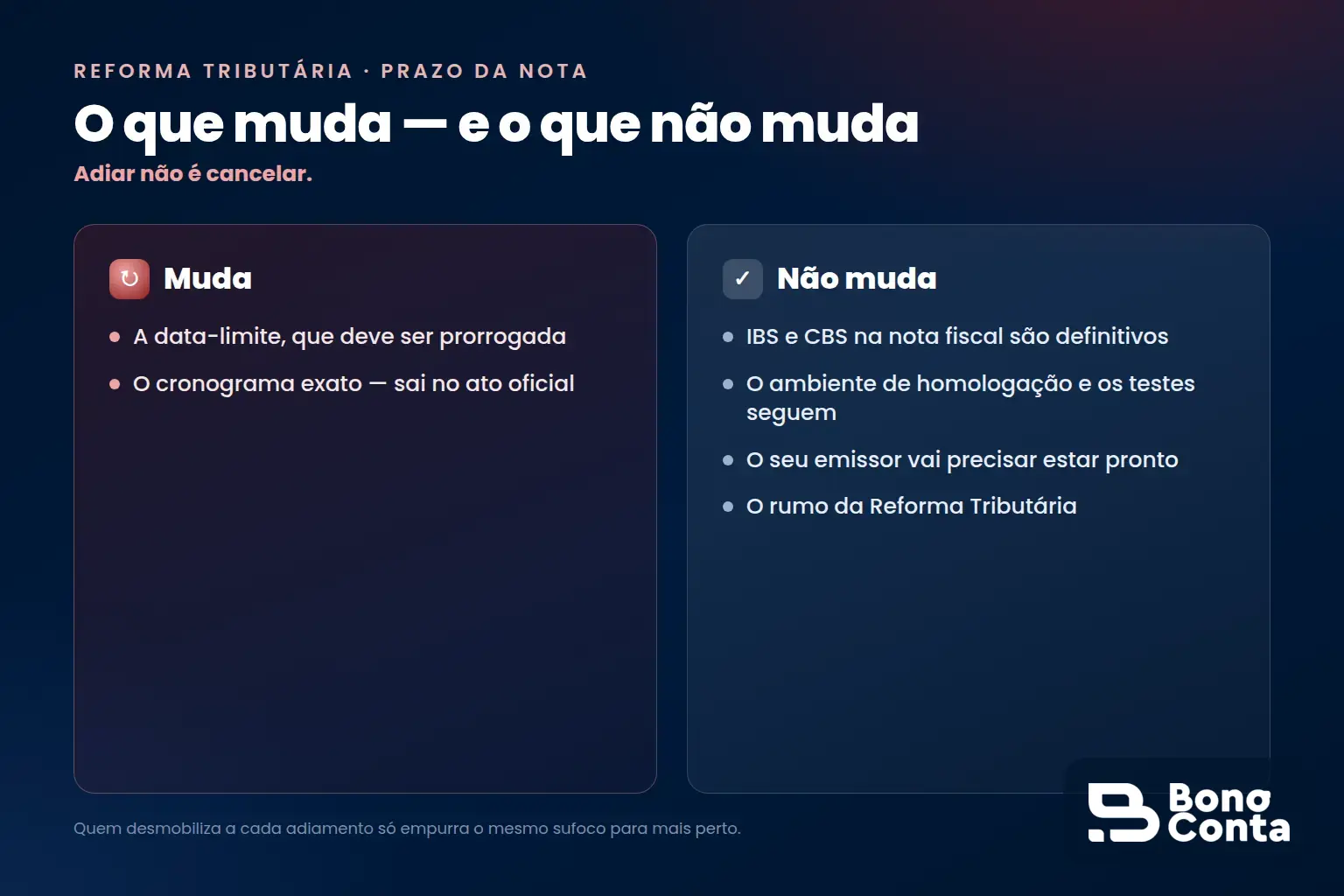 Adiar não é cancelar: muda a data-limite, mas IBS e CBS na nota, a homologação e o rumo da Reforma continuam | Bono Conta