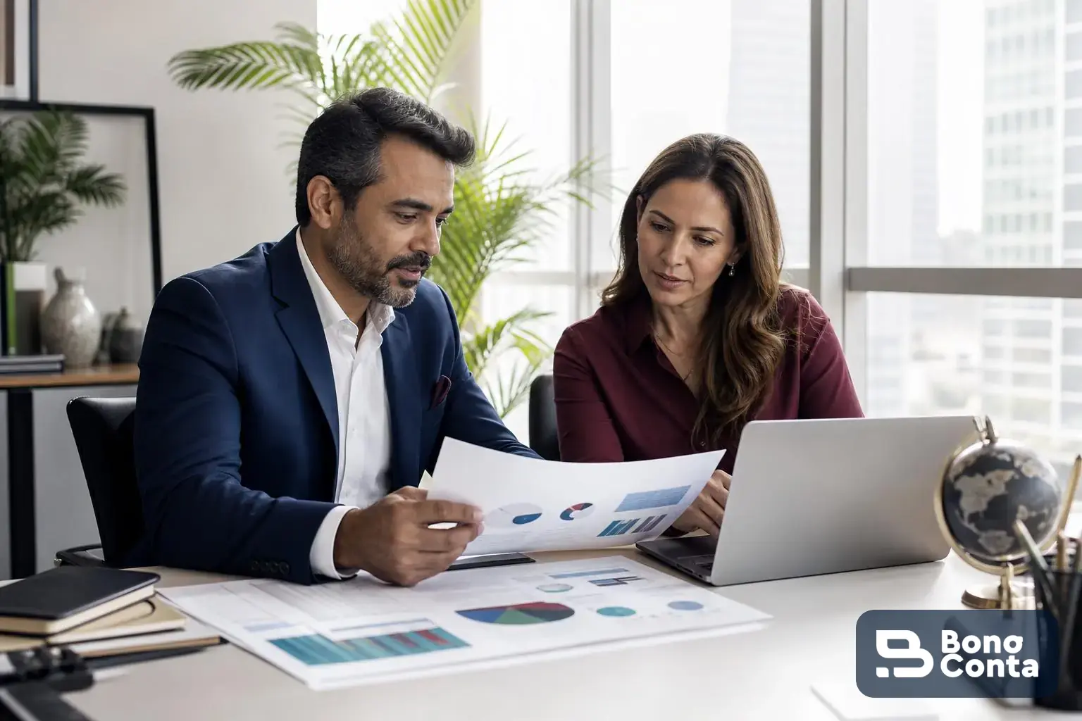 Empresário e consultor estratégico analisando gráficos e dados da empresa em um escritório claro | Bono Conta