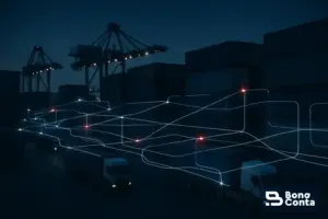 Porto de contêineres e caminhões conectados por linhas de dados digitais: a transformação da logística brasileira — Bono Conta