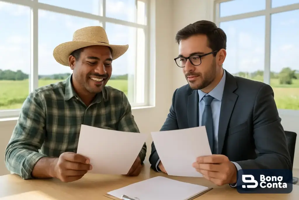 Produtor do agronegócio revisando documentos com um consultor — Bono Conta