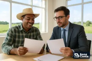 Produtor do agronegócio revisando documentos com um consultor — Bono Conta