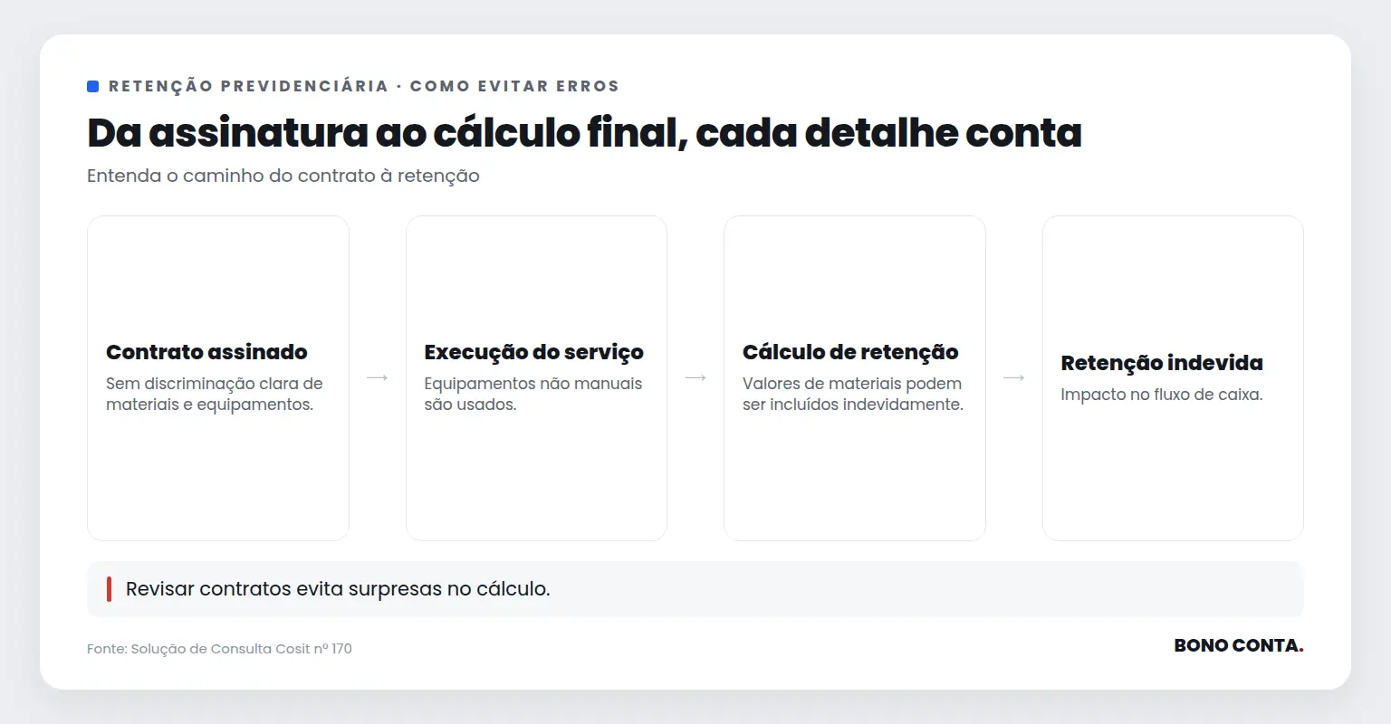 Fluxo de etapas desde a assinatura do contrato até a retenção indevida. | Bono Conta