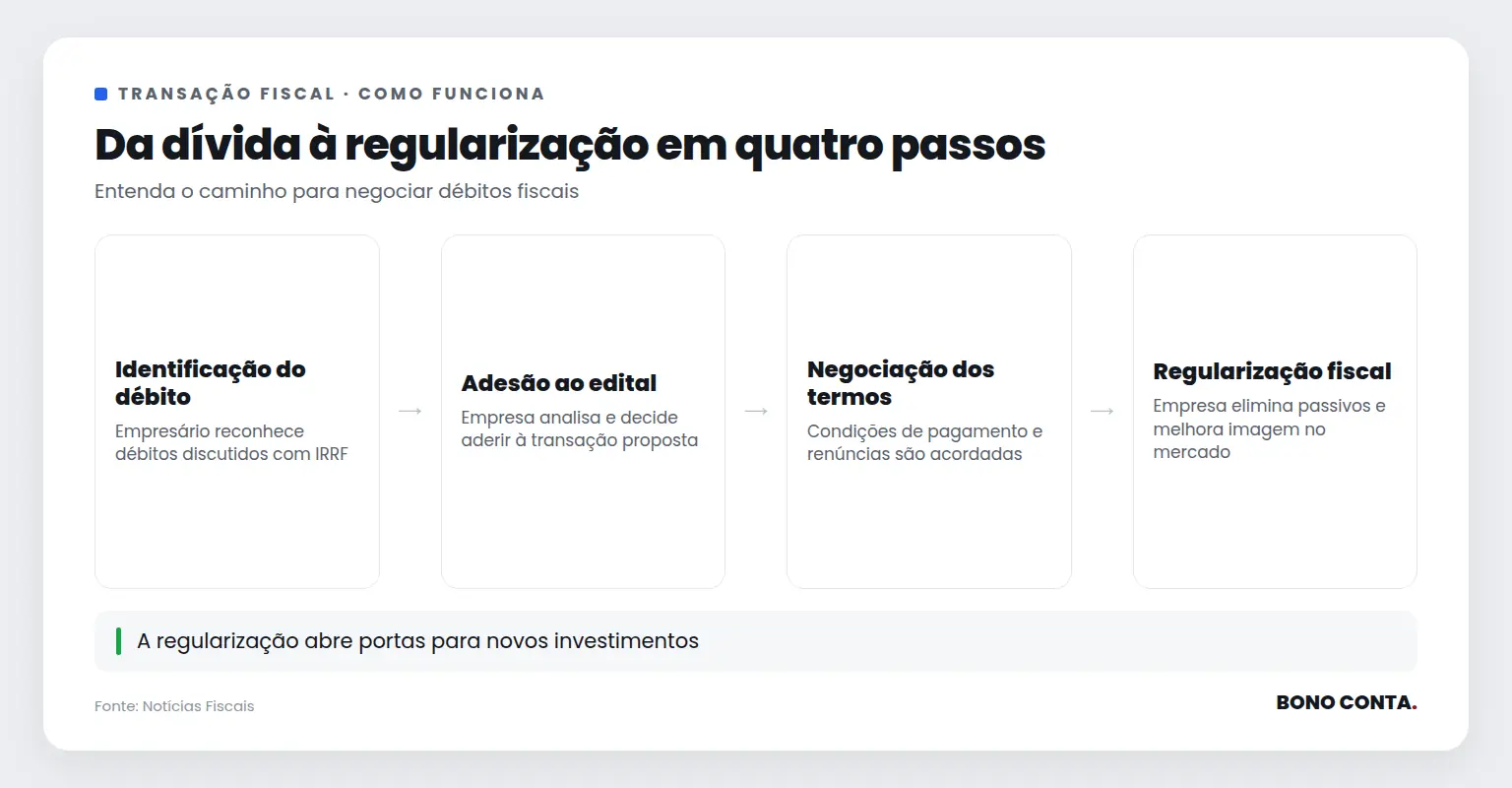 Fluxo mostrando os passos para negociar débitos fiscais | Bono Conta