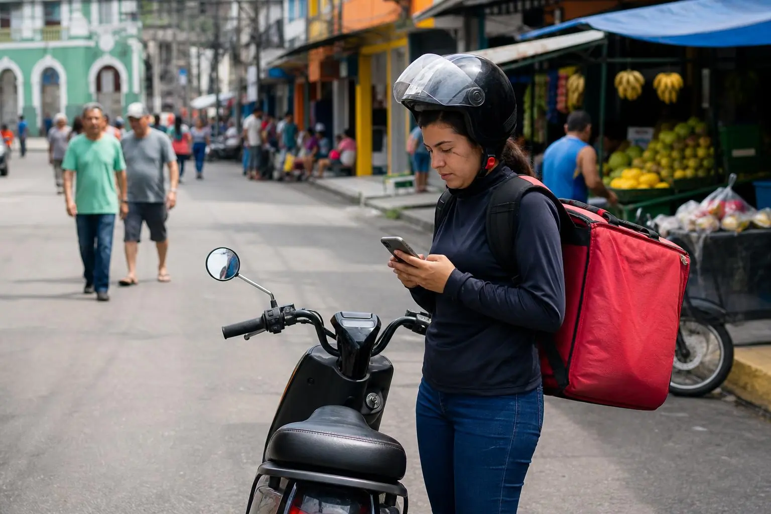 Entregadora com scooter elétrica em rua comercial de Manaus | Bono Conta