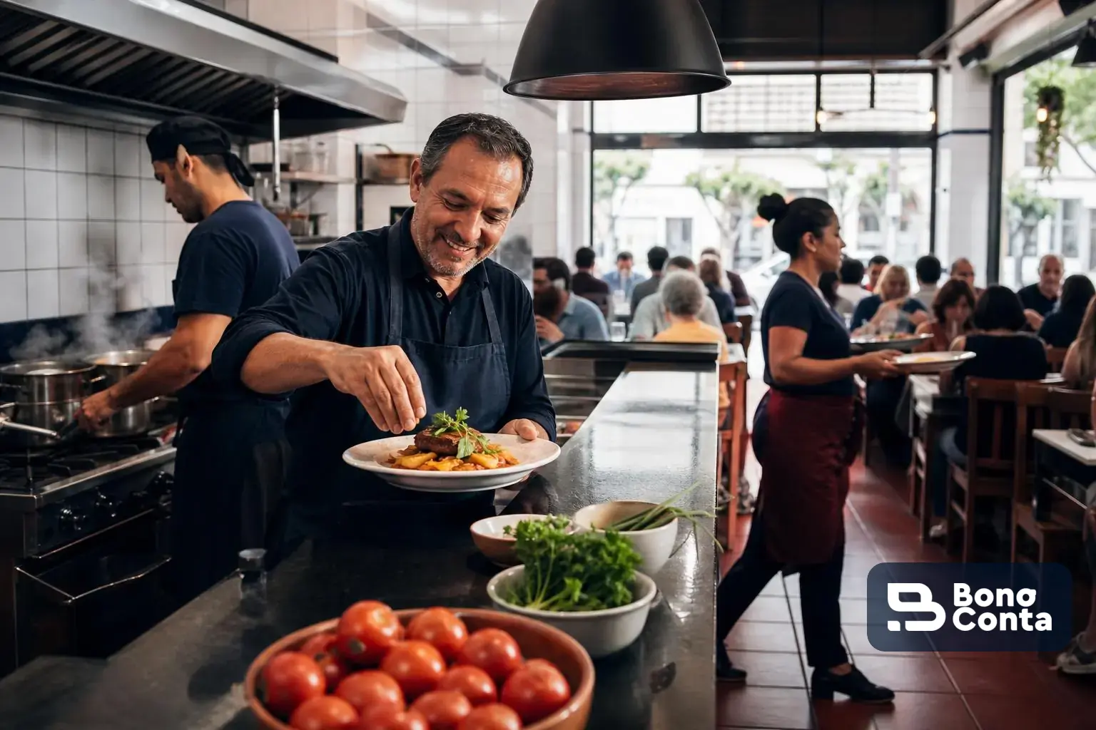 Dono de restaurante finalizando um prato no balcão durante o almoço, com cozinha e salão cheios ao fundo | Bono Conta