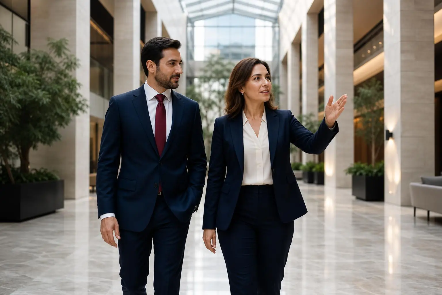Executivos atravessando um átrio corporativo