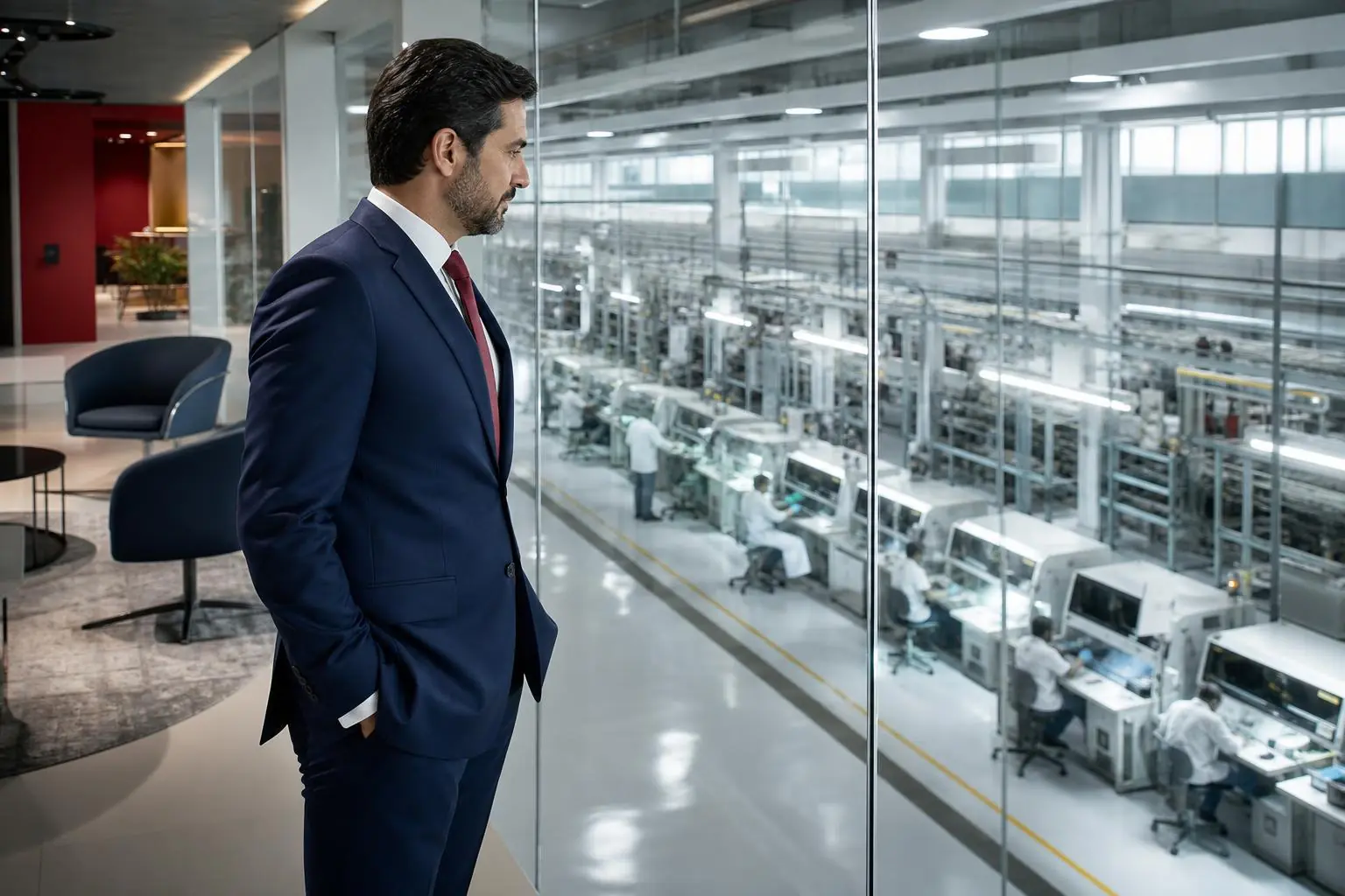 Executivo observando uma linha de montagem de eletrônicos no Polo Industrial de Manaus