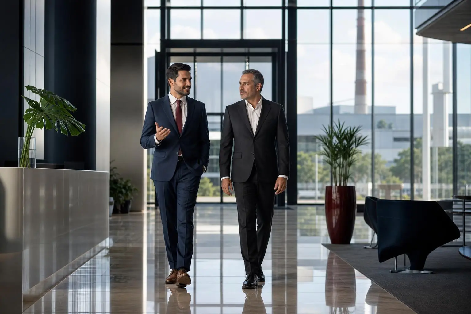 Consultor caminhando com o cliente no saguão da empresa