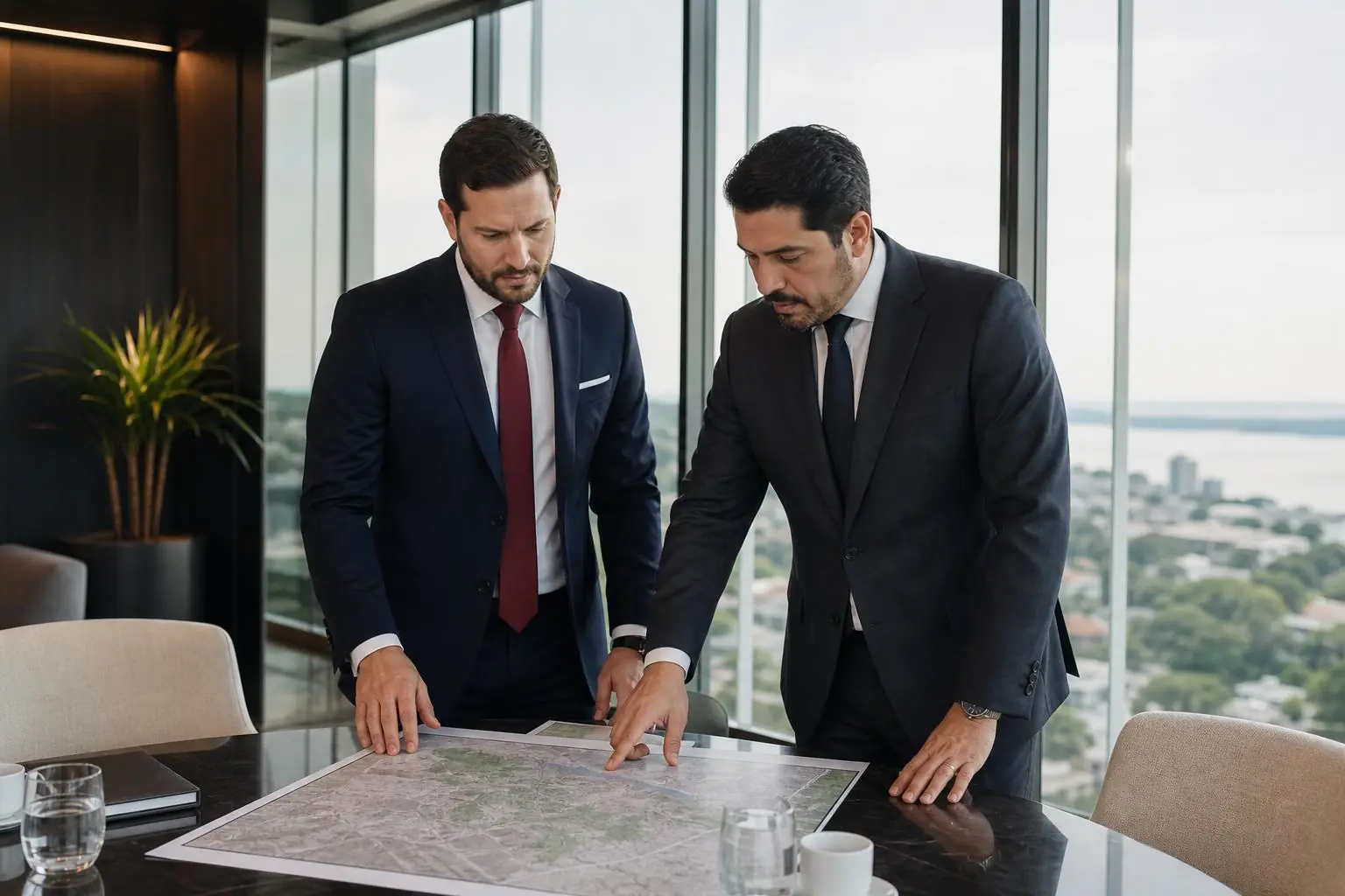 Consultor e empresário analisando um mapa sobre a mesa