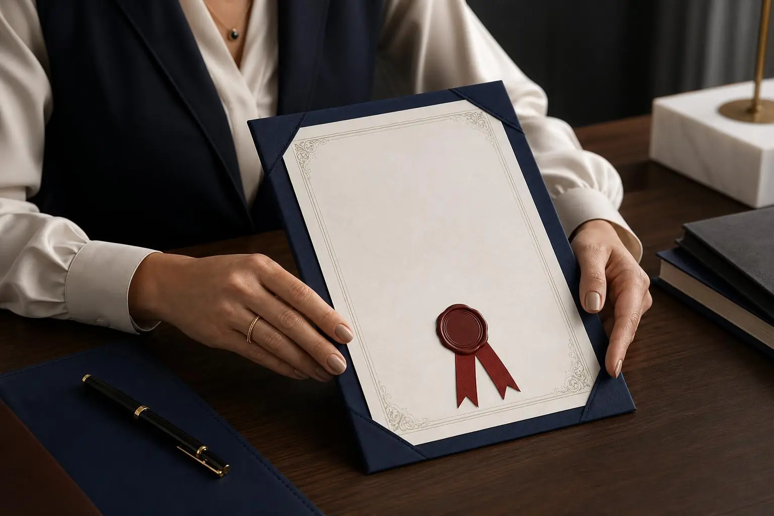 Certificado em pasta navy com lacre vermelho