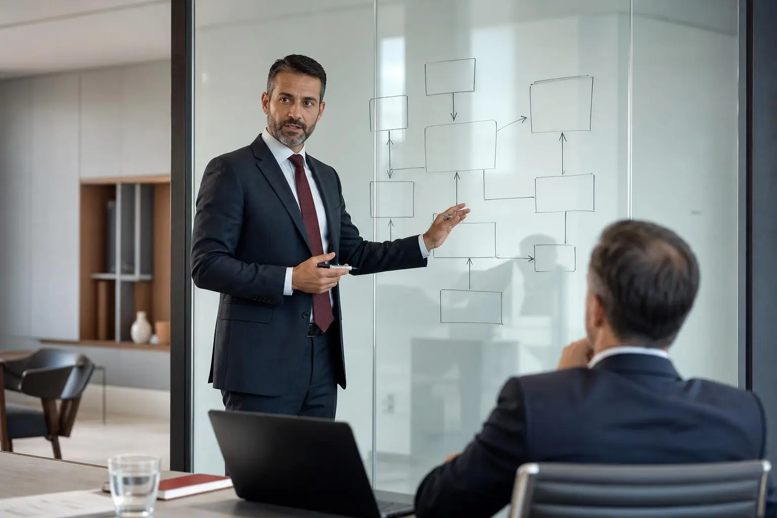 Consultor explicando um diagrama de decisão a um cliente
