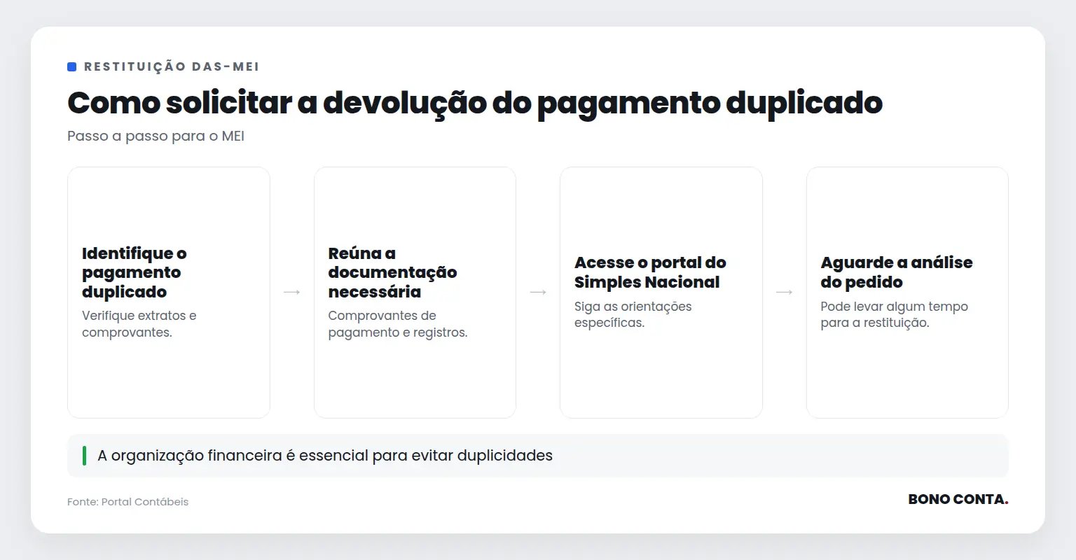 Fluxo de etapas para solicitar restituição do DAS-MEI pago em duplicidade | Bono Conta
