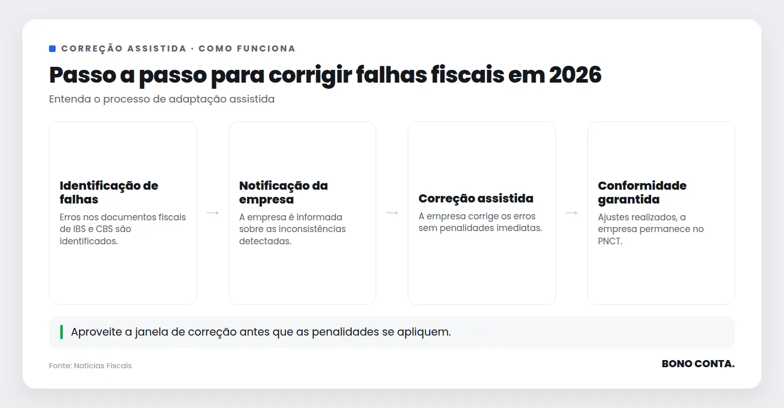 Fluxo mostrando o processo de correção assistida de falhas fiscais. | Bono Conta